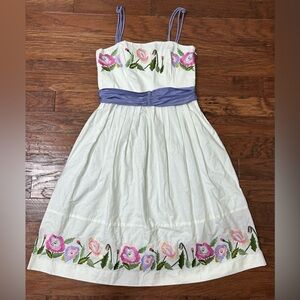 VTG Clues Midi Dress‎ Sz 8 White Floral Embroidered Cottagecore Garden Tea Party